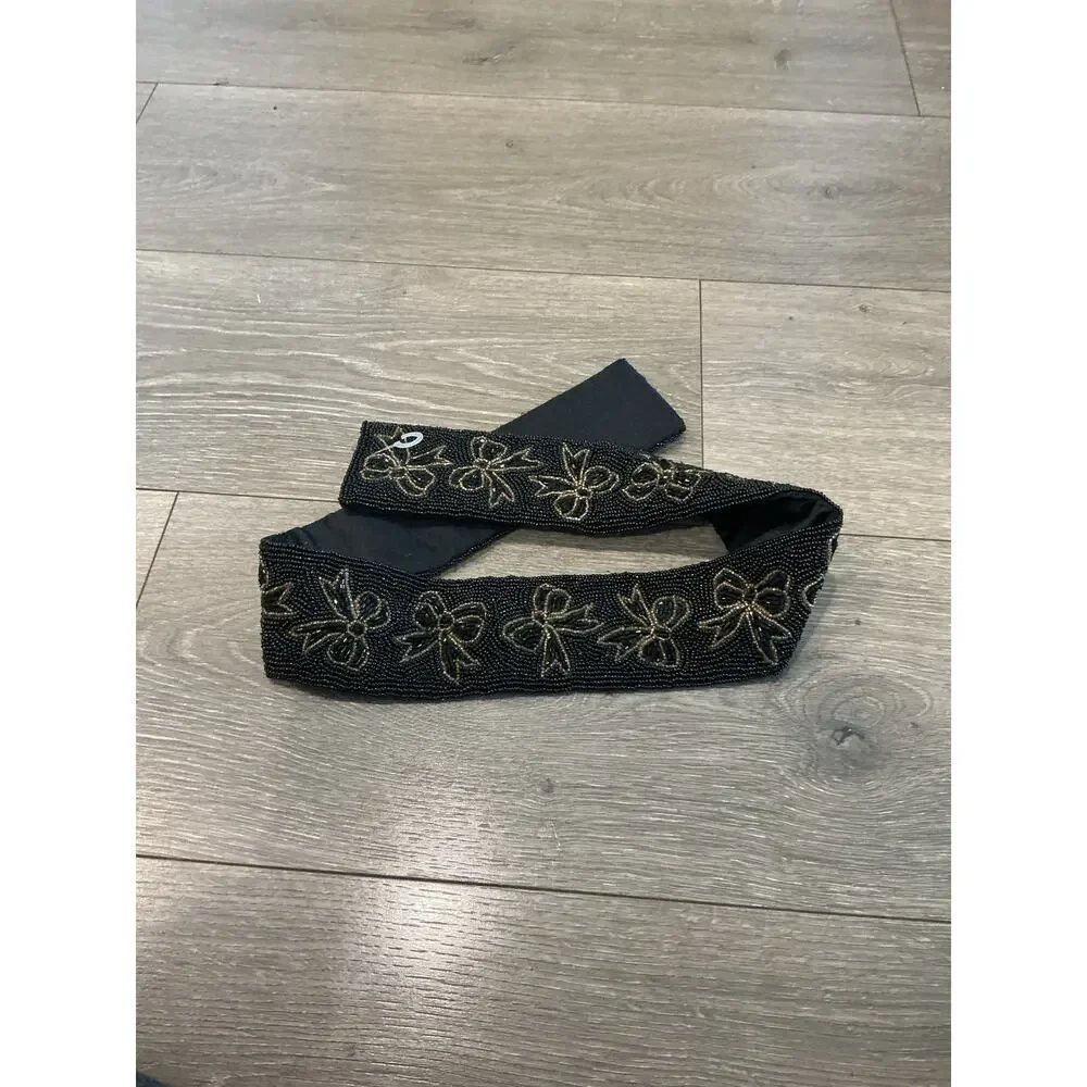 NEW Vintage Talbots Beaded‎ Bow Dress Belt 80s Deadstock Black Twee S Whimsy Emo